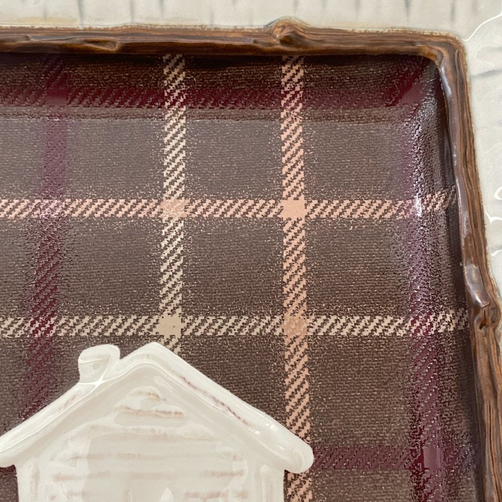 Homestudio Lake Cabin Dinner Plate Square Plaid Rustic Embossed Stoneware 11" - Picture 12 of 13